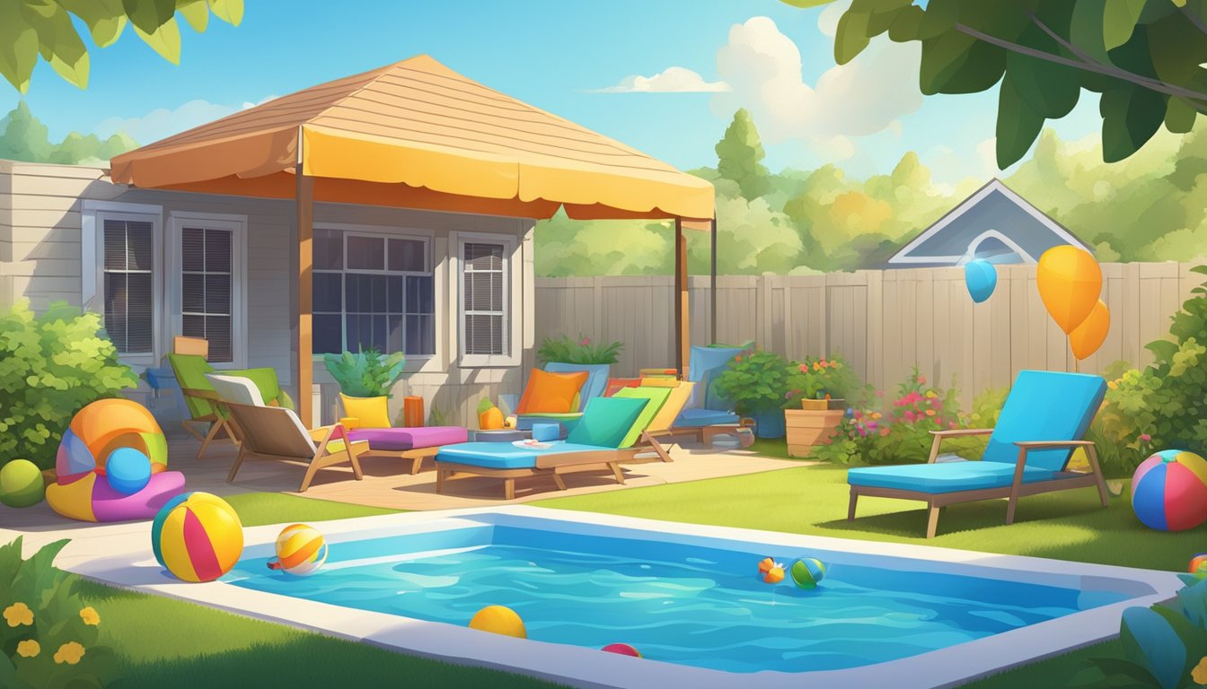 A sunny backyard with a vibrant kiddie pool surrounded by colorful toys and lounging chairs. A refreshing oasis for summer fun