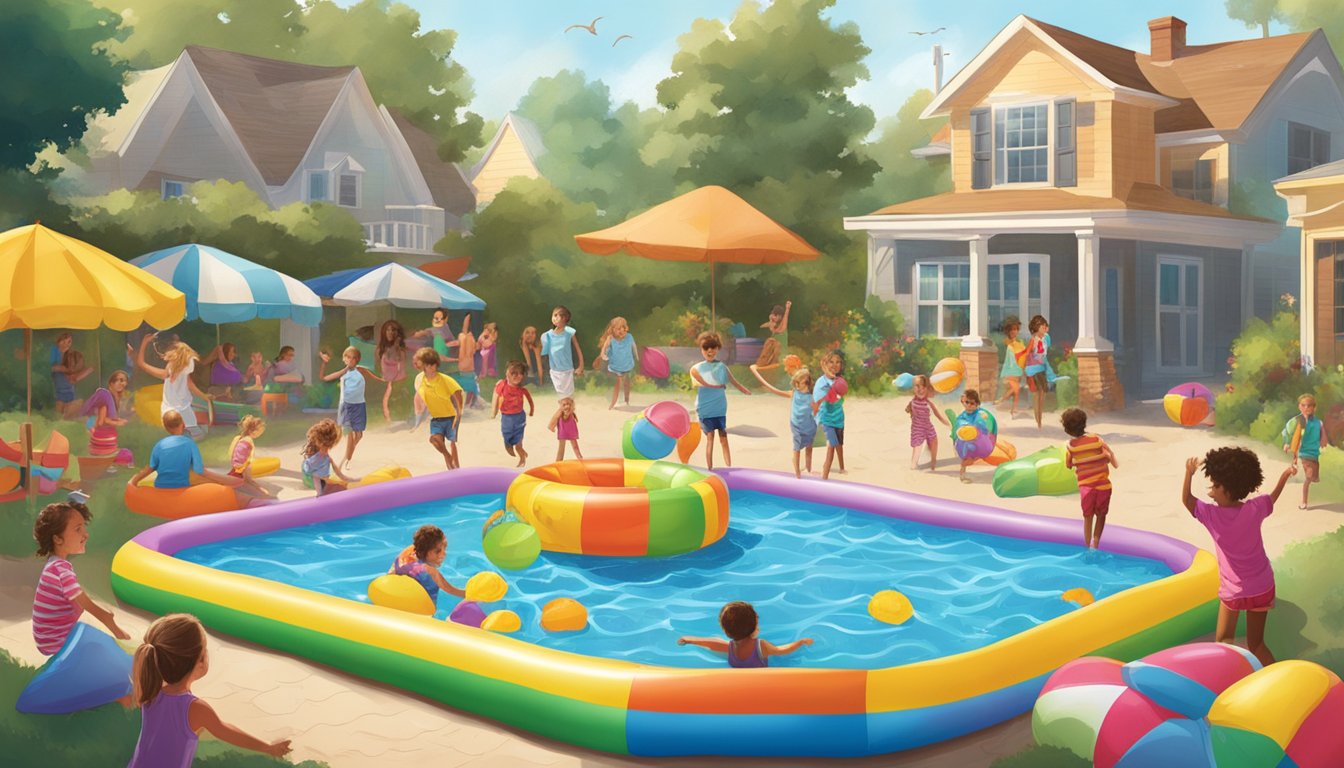 A backyard filled with oversized inflatable food-shaped kiddie pools, surrounded by excited children and colorful beach toys