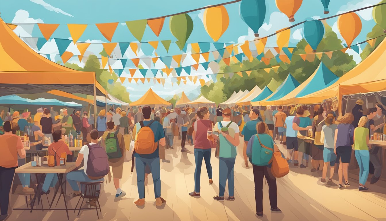 A bustling craft beer festival with colorful tents and lively music, surrounded by happy beer enthusiasts sampling local brews