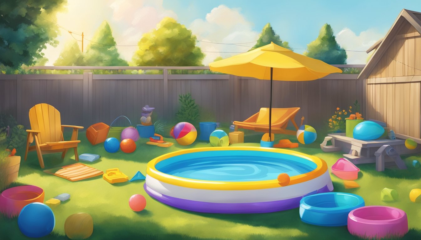 A colorful kiddie pool sits in a backyard, filled with water and surrounded by toys. The sun shines down, casting playful reflections on the surface