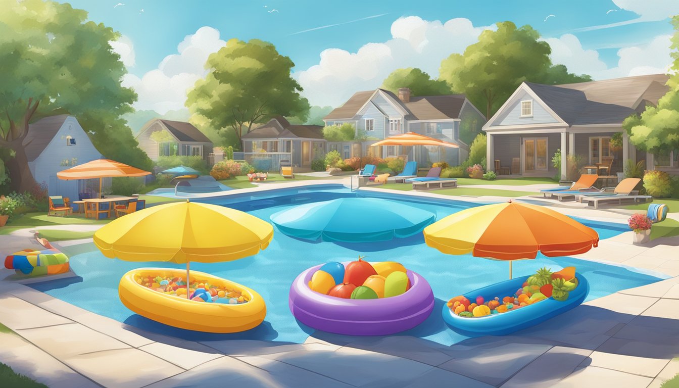 Giant inflatable food-shaped kiddie pools set up in a sunny backyard with colorful umbrellas and beach towels