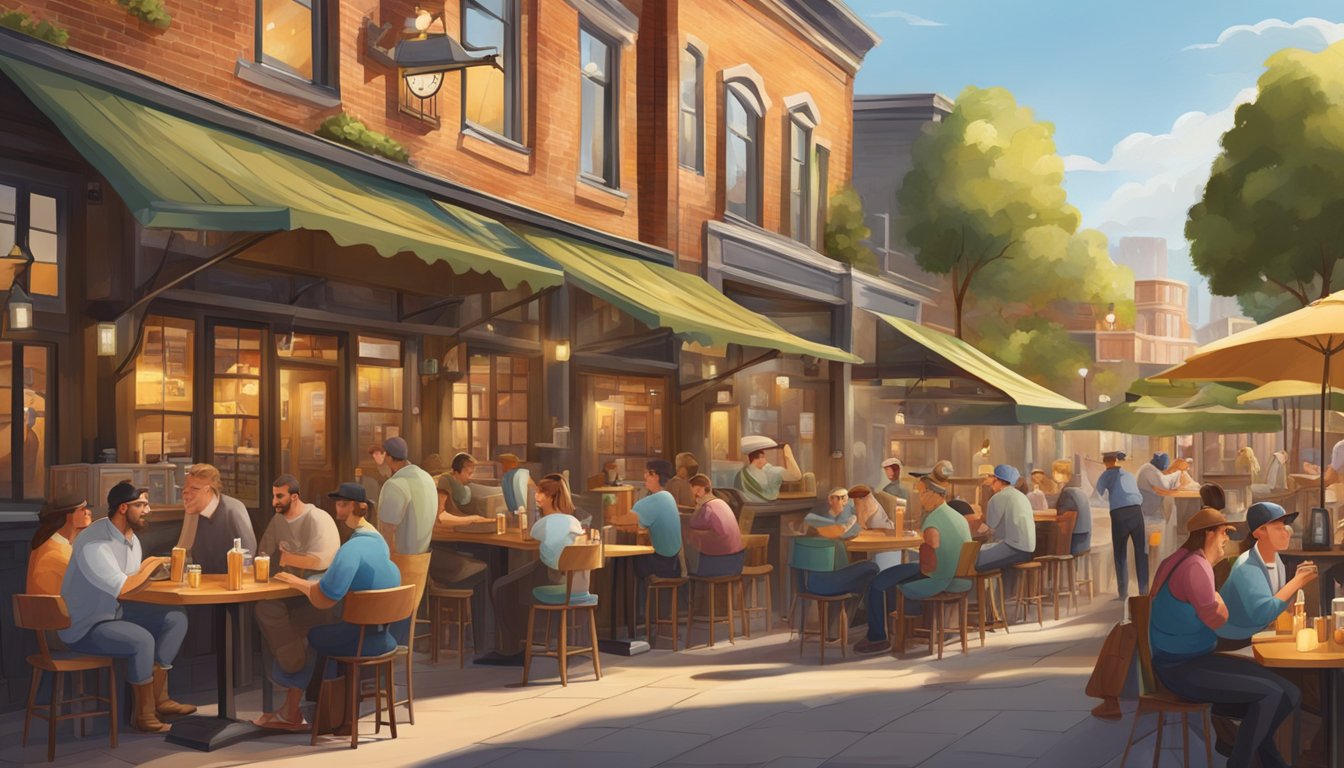 A bustling brewery scene with patrons enjoying craft beer, outdoor seating, and a lively atmosphere