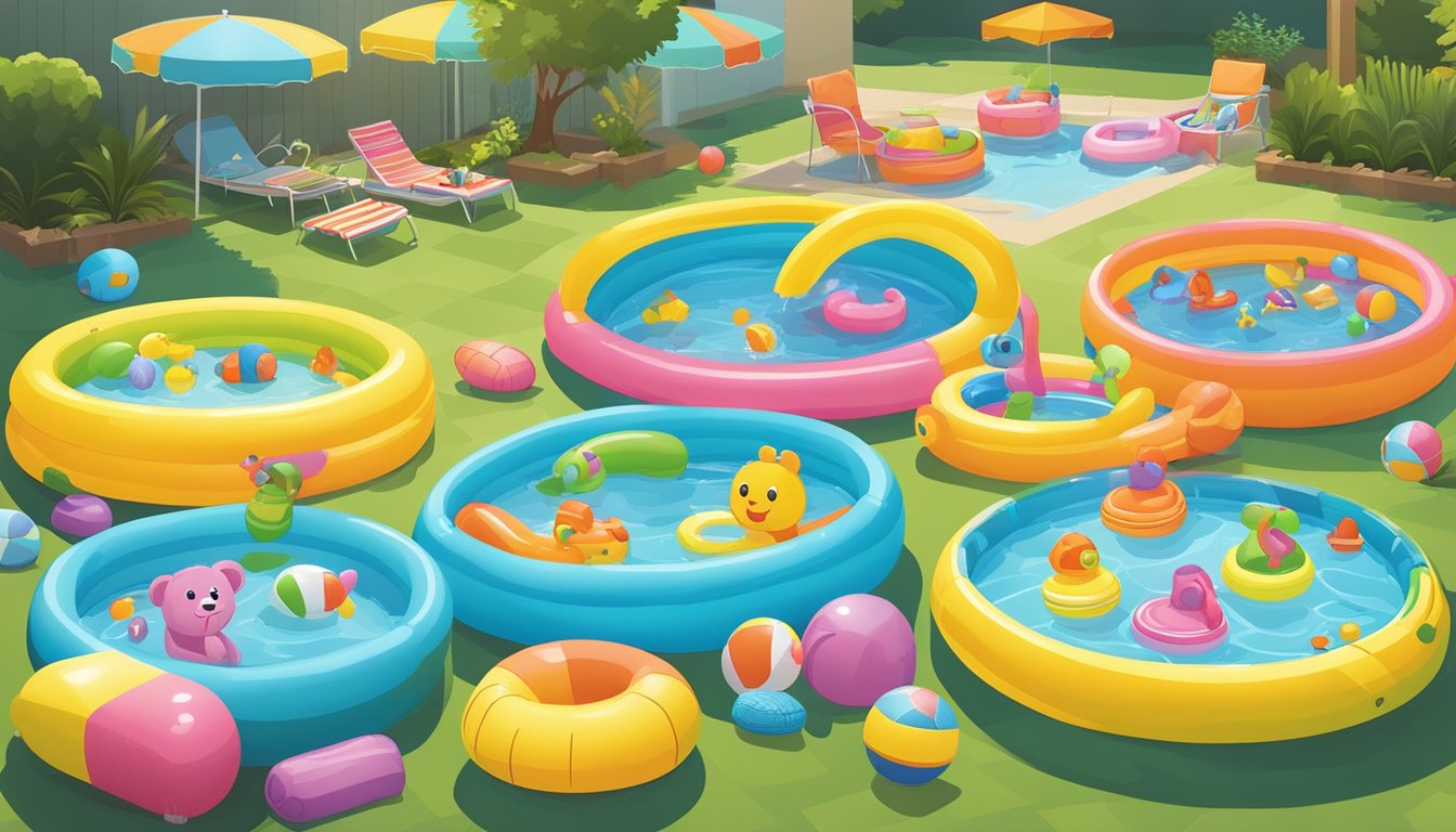 A colorful array of kiddie pools, filled with water and surrounded by inflatable toys, sit in a sunny backyard