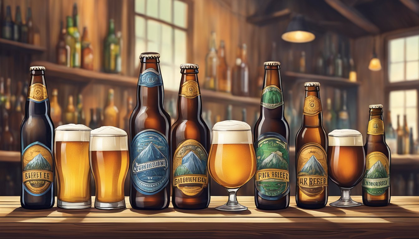 A group of diverse craft beer bottles and glasses arranged on a rustic wooden table in a cozy brewery setting in Pomona, CA