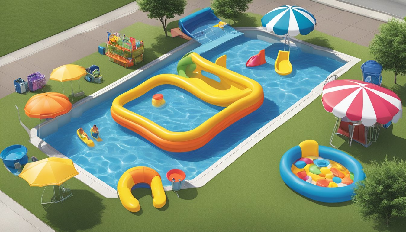 Colorful kiddie pools arranged in a display at Ingles Markets, featuring innovative and fun designs to cool off on a hot day