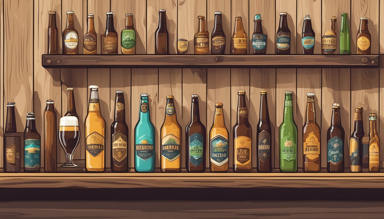 A row of craft beer taps with various unique designs and labels, surrounded by rustic wooden shelves displaying bottles and cans of local brews