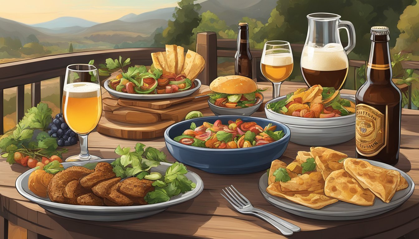 A table set with various dishes and local craft beers, creating a colorful and appetizing scene for a food and beer pairing guide in San Jose, CA