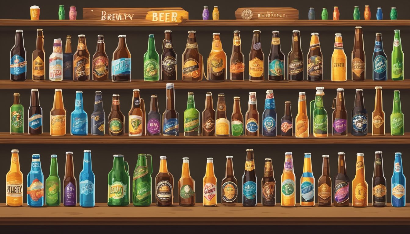 A row of colorful craft beer bottles and cans on a wooden bar counter, with a variety of brewery logos and artistic label designs