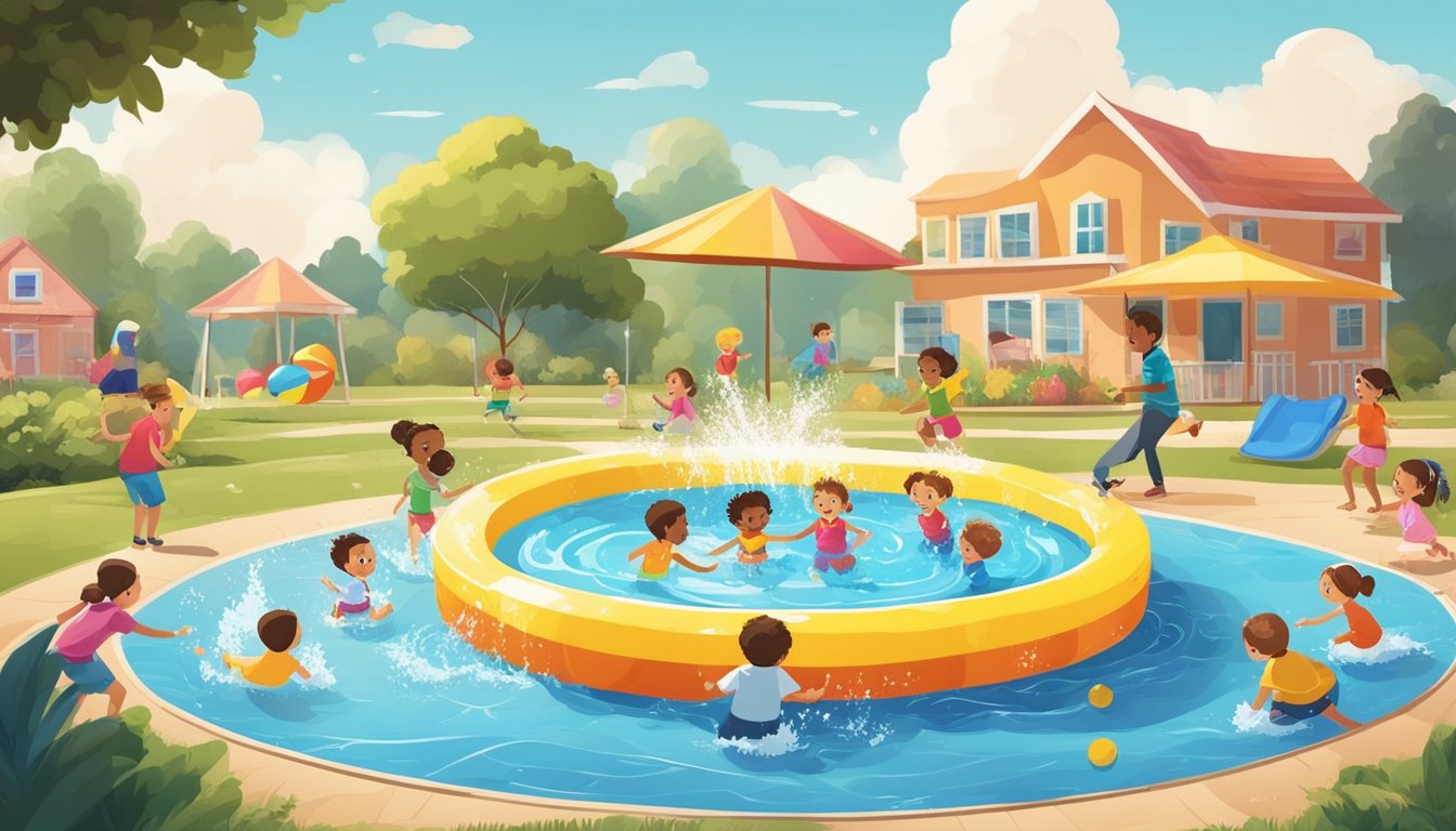 A colorful kiddie pool surrounded by happy children splashing and playing in the water on a sunny day