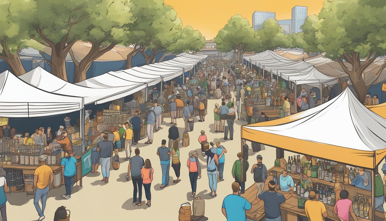 A bustling craft beer festival in Pomona, CA, with rows of vendor booths and people sampling and enjoying different local brews