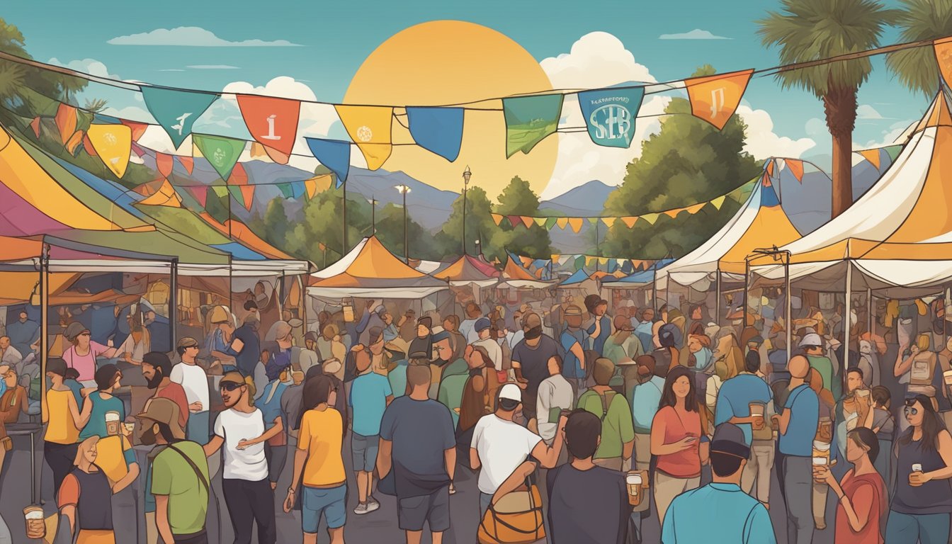 A bustling craft beer festival in Rancho Cucamonga, with colorful banners and lively music, surrounded by local breweries and excited patrons