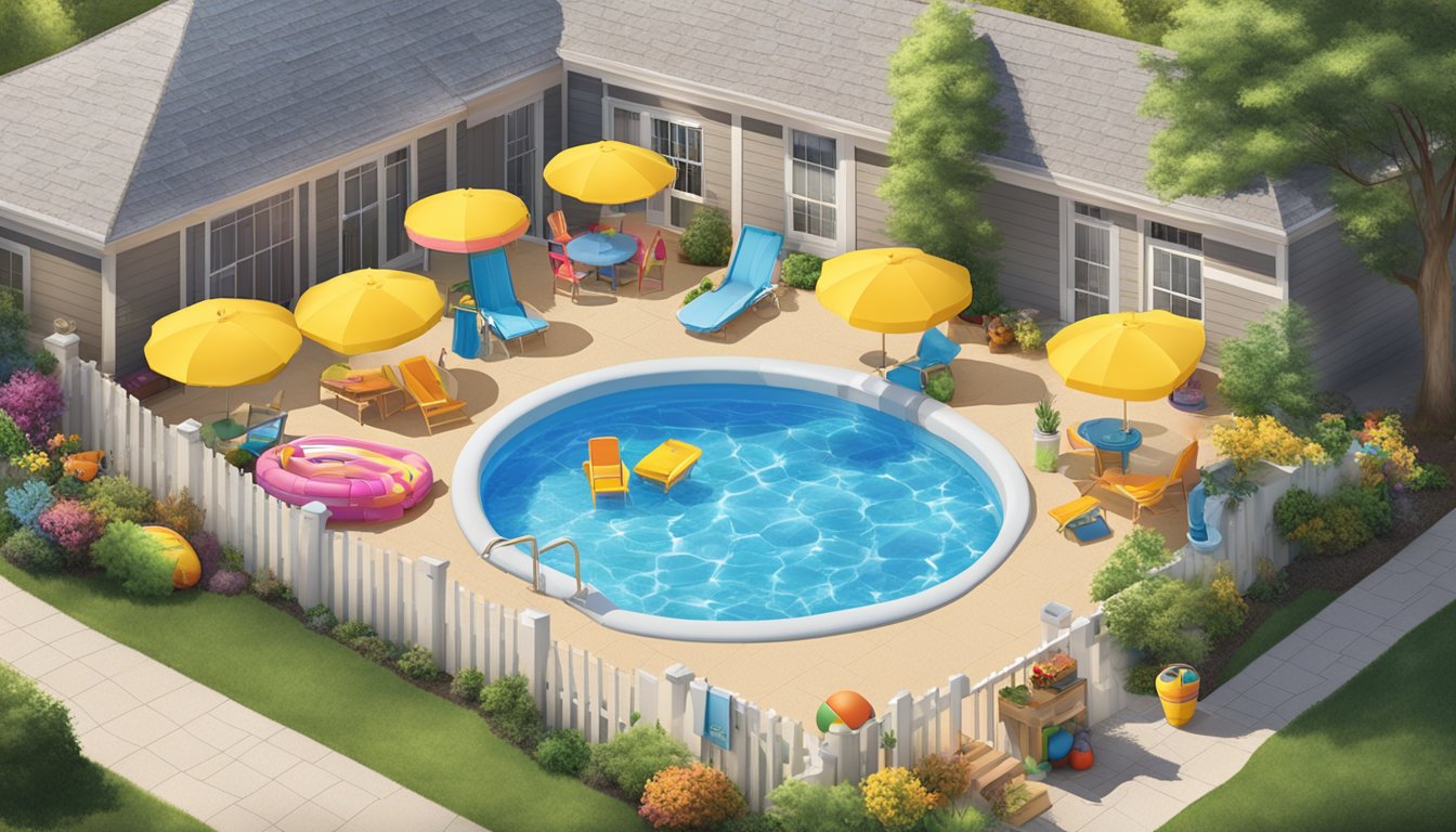 A sunny backyard with a small, inflatable kiddie pool surrounded by colorful beach towels and toys. A food lion logo is displayed prominently