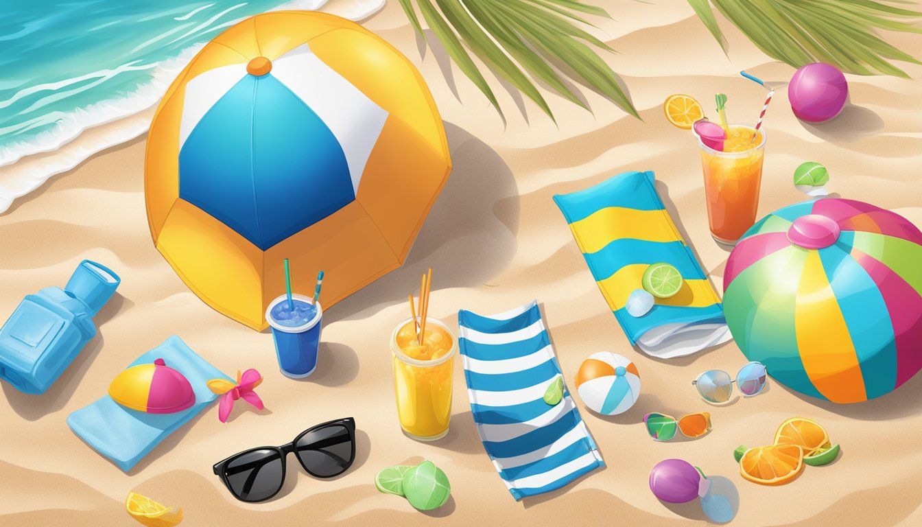 A colorful beach towel, sunscreen, sunglasses, a wide-brimmed hat, a cooler with drinks, and a beach ball scattered on the sand by the water's edge