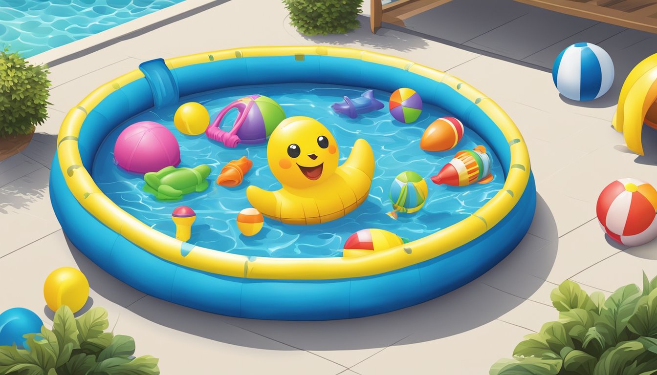 A colorful kiddie pool filled with water toys and inflatable accessories