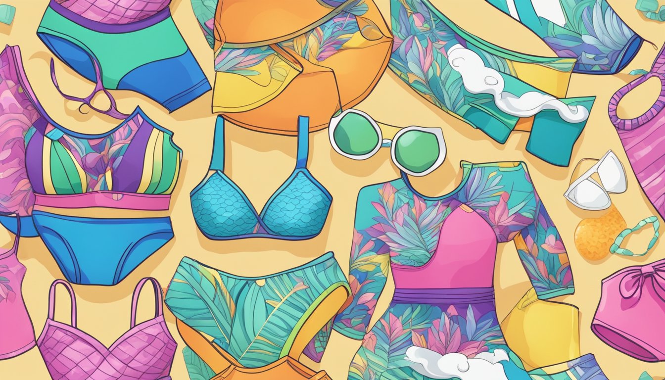 A colorful array of swimwear styles displayed on a beach backdrop with waves crashing in the background