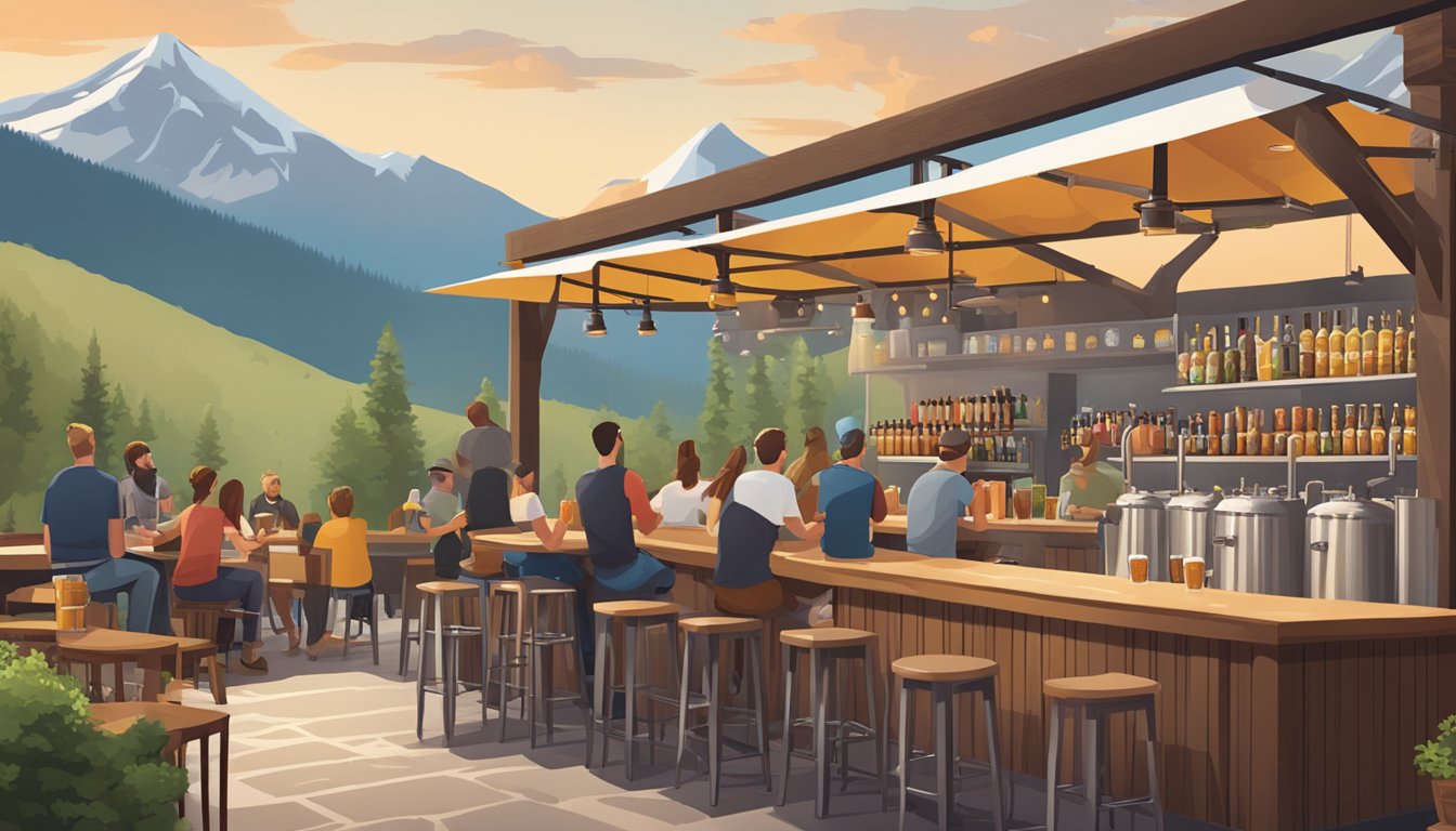 A bustling craft brewery scene with diverse beer taps, outdoor seating, and a mountain backdrop