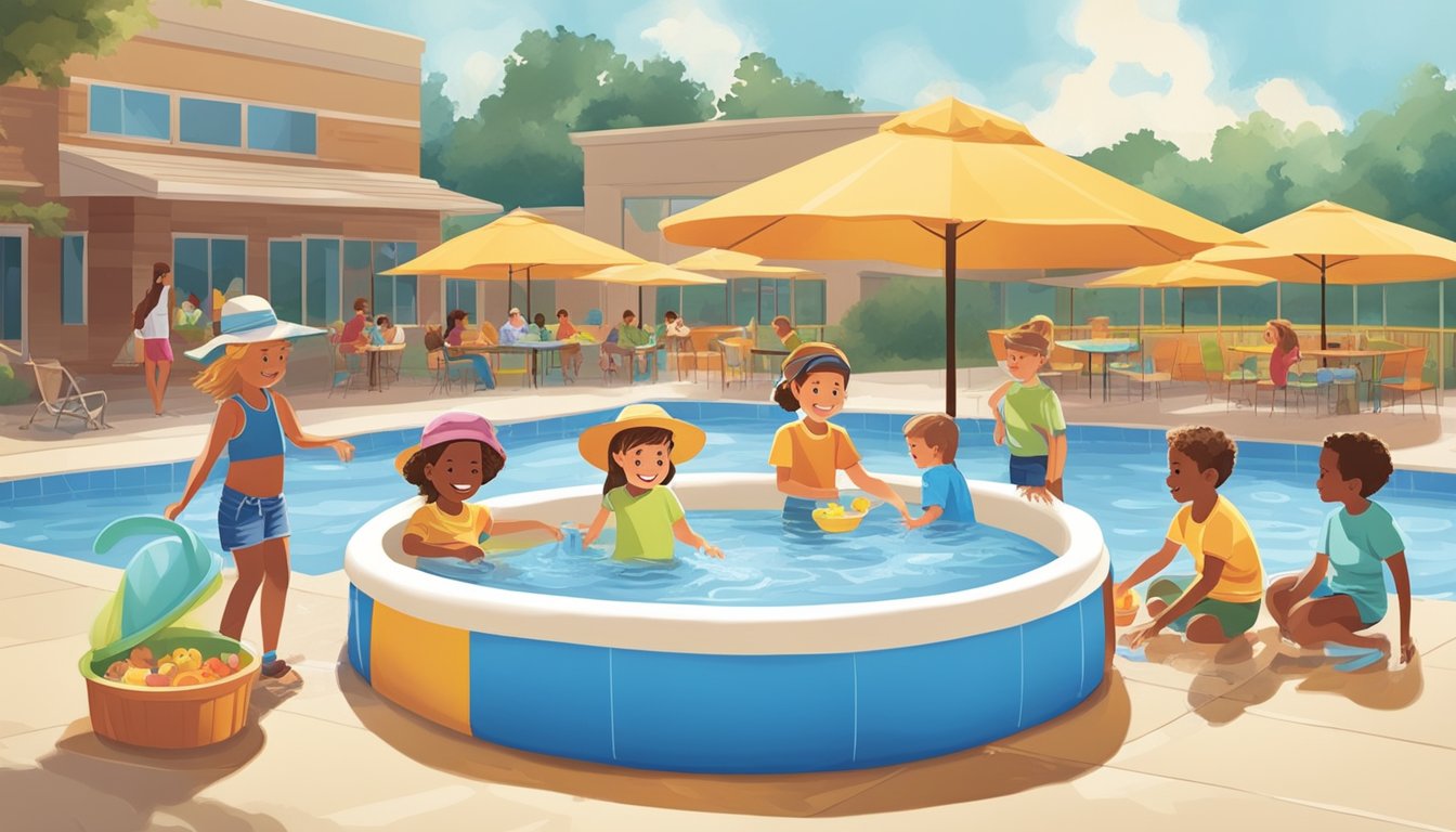 Children playing in Food Lion kiddie pools with adults supervising. Safety measures in place, such as sunscreen and hats. Bright, sunny day