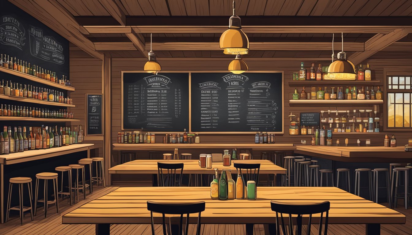 A cozy brewery with rustic wooden tables, warm lighting, and shelves lined with craft beer bottles. A chalkboard menu displays the latest brews