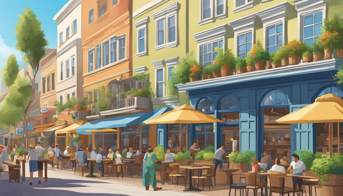 A bustling brewery district in Santa Clara, with colorful storefronts and outdoor seating, surrounded by lush greenery and a clear blue sky