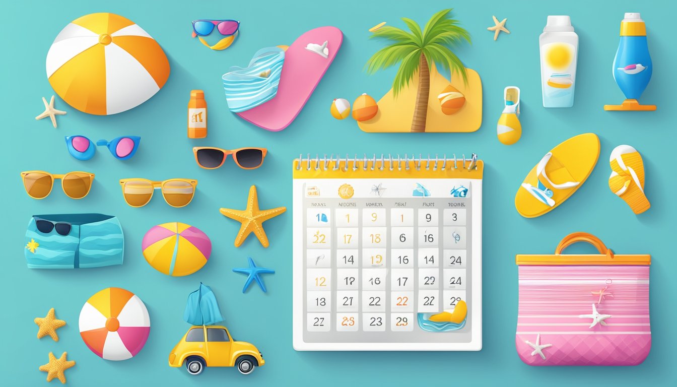 A colorful calendar with beach and pool icons, surrounded by sunglasses, sunscreen, and a beach towel