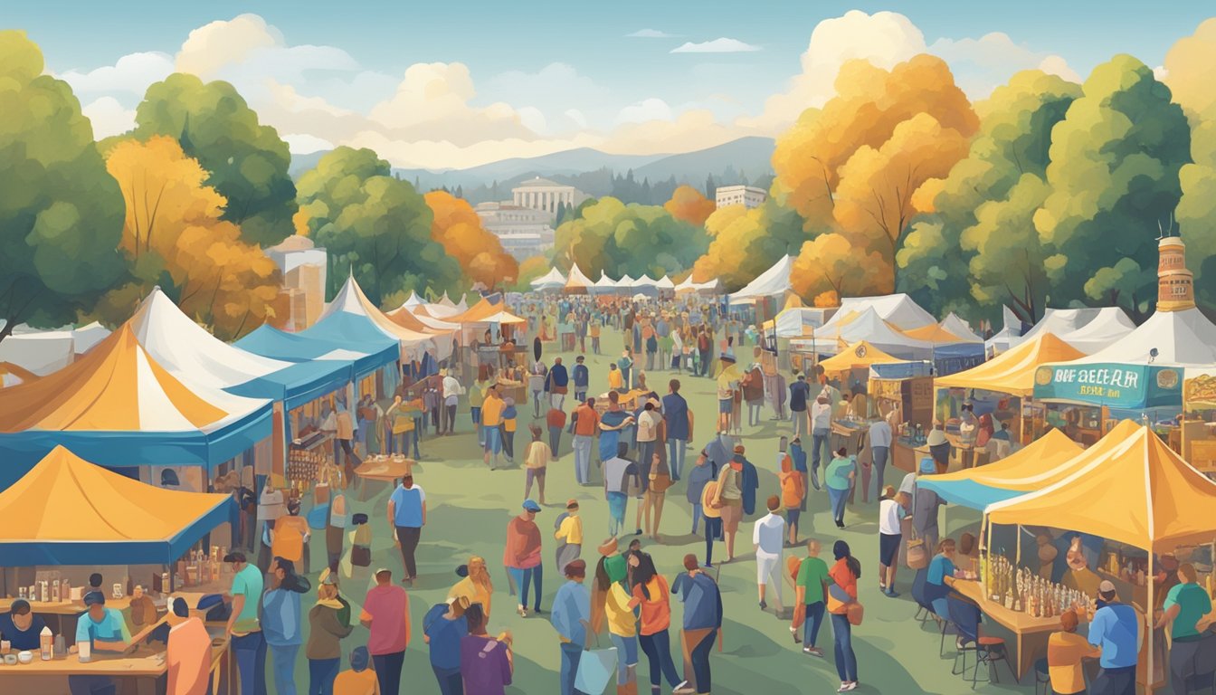 A bustling craft beer festival in Richmond, CA, with colorful booths, lively music, and people enjoying various beer tastings