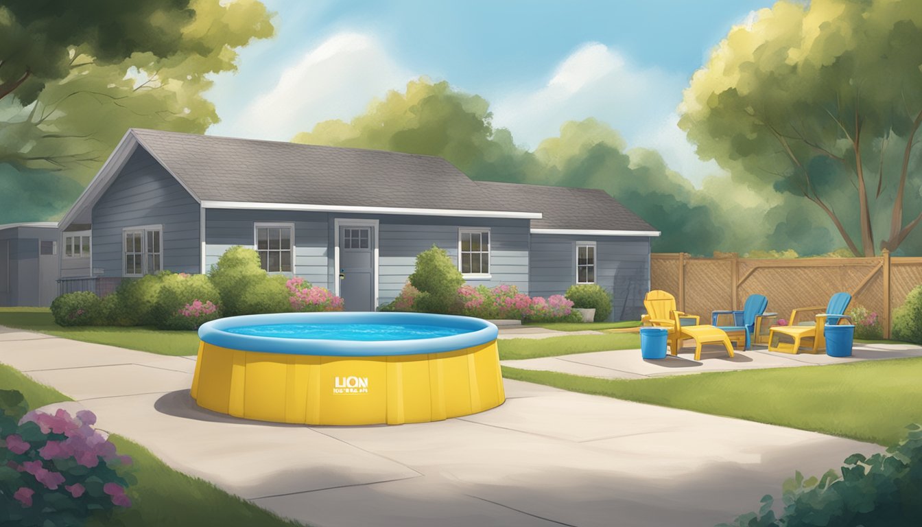 A sunny backyard with a stack of Food Lion kiddie pools next to a shaded storage area