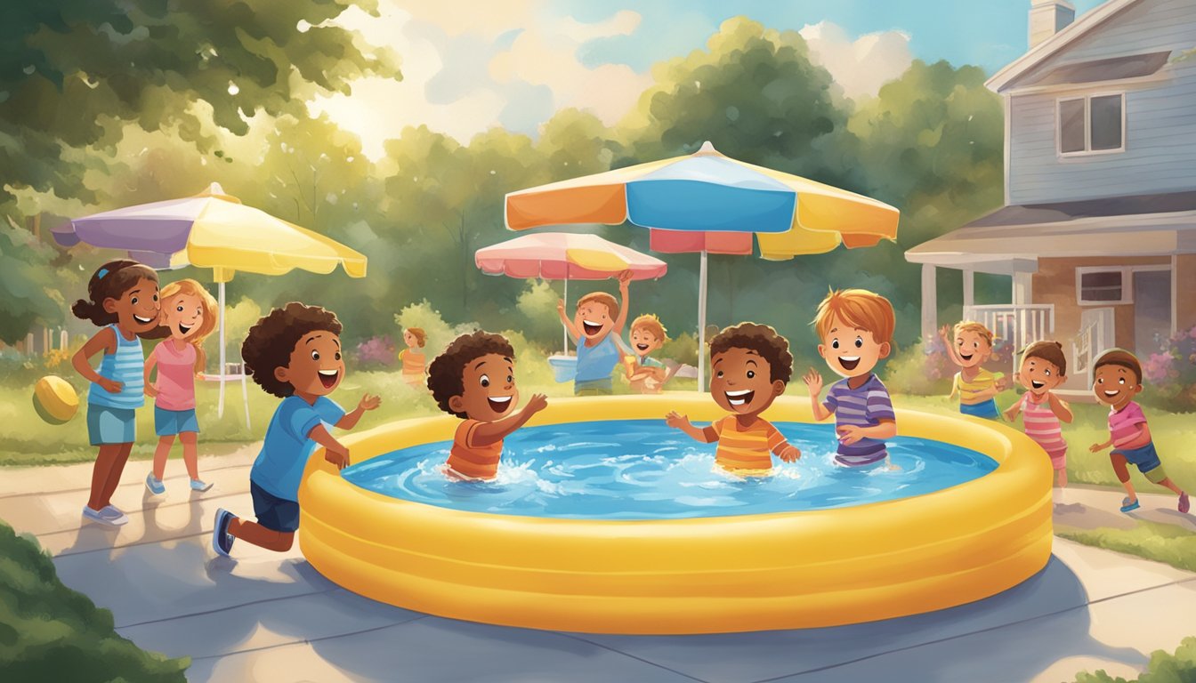 A group of children playing in Food Lion kiddie pools, splashing and laughing under the summer sun