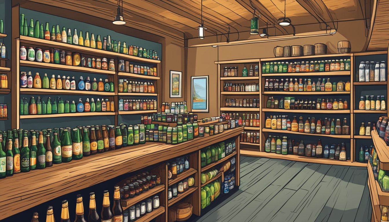 A cozy local beer store in Santa Clara, CA with shelves lined with a variety of craft beer bottles and cans, colorful signage, and a welcoming atmosphere