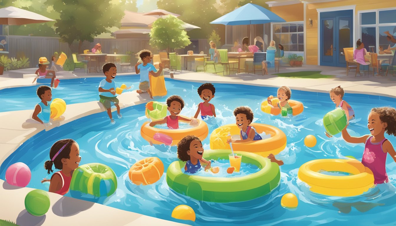 Children happily splashing in Food Lion kiddie pools on a sunny day, surrounded by colorful pool toys and refreshing drinks