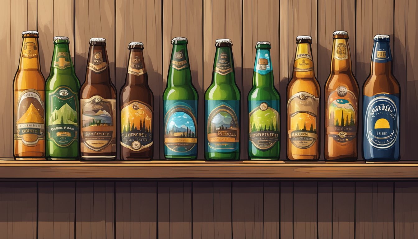 A row of colorful craft beer bottles and cans displayed on a wooden shelf in a local Santa Clara, CA brewery