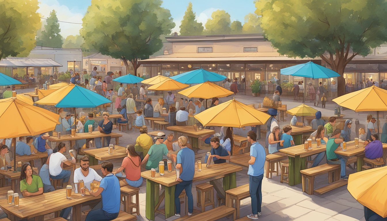 A bustling outdoor beer garden filled with colorful umbrellas, wooden tables, and lively patrons sampling a variety of craft beers from local breweries in Riverside, CA