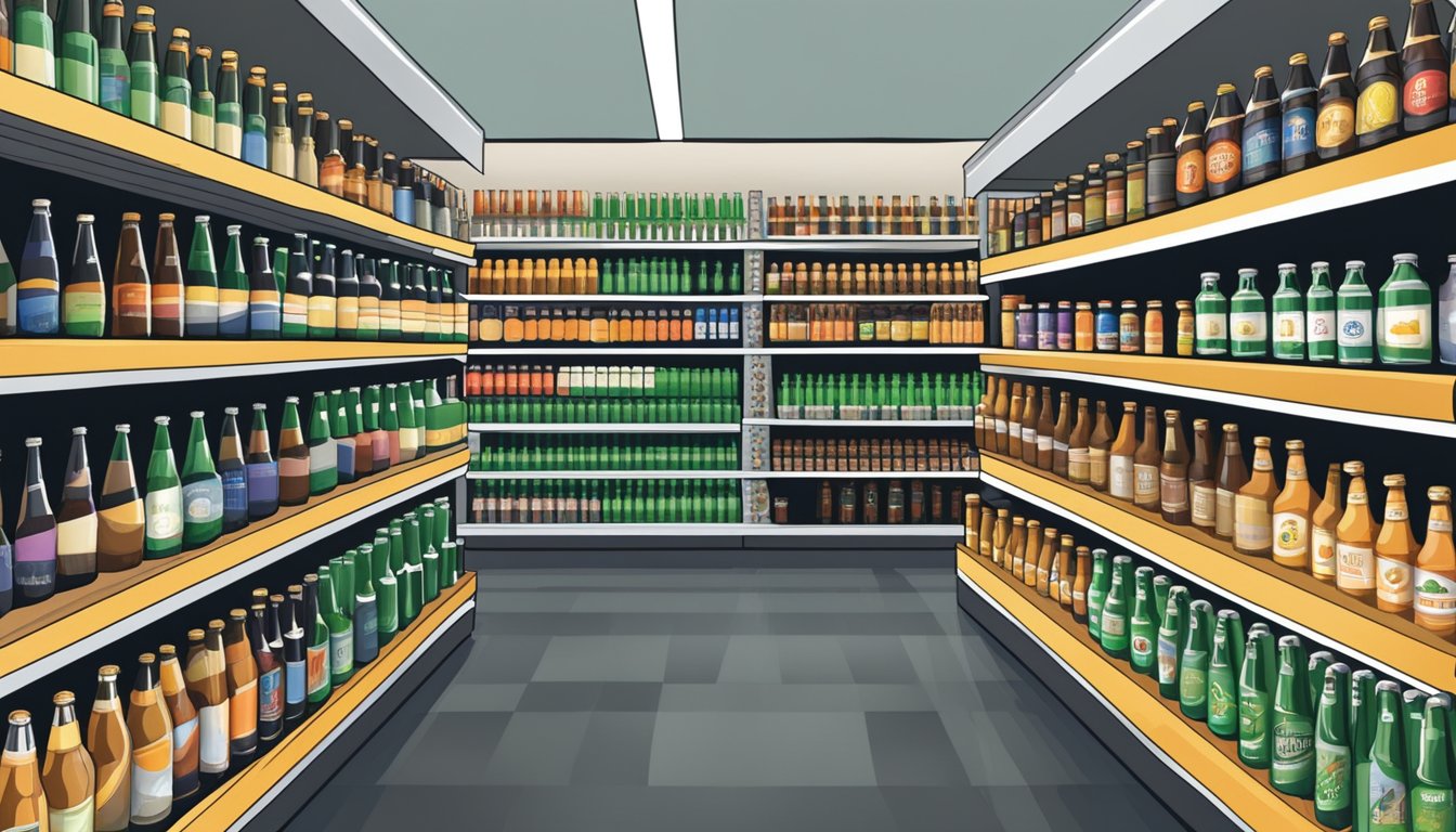 A grocery store aisle filled with shelves stocked with colorful and diverse local craft beer bottles and cans in Santa Clara, CA