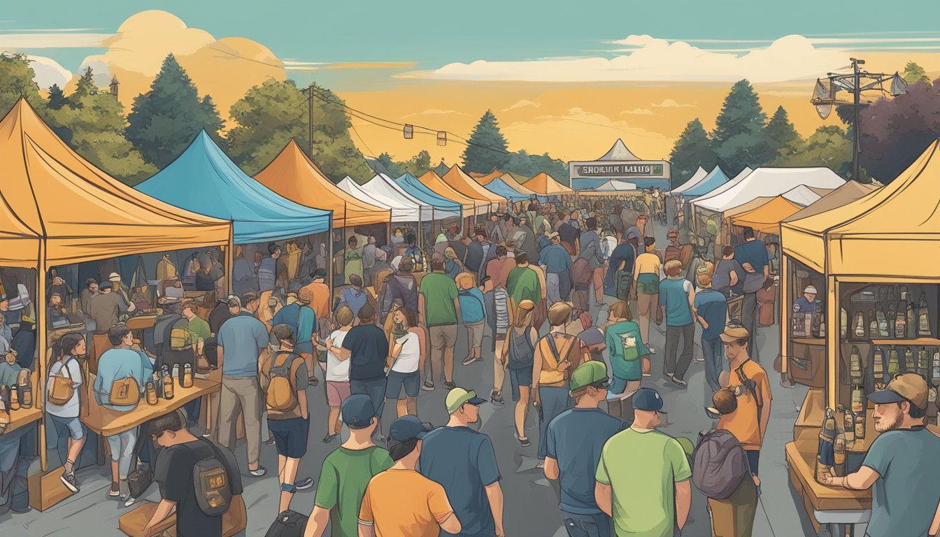 A bustling local craft beer festival in Richmond, CA, with vendors, live music, and enthusiastic beer enthusiasts sampling various brews