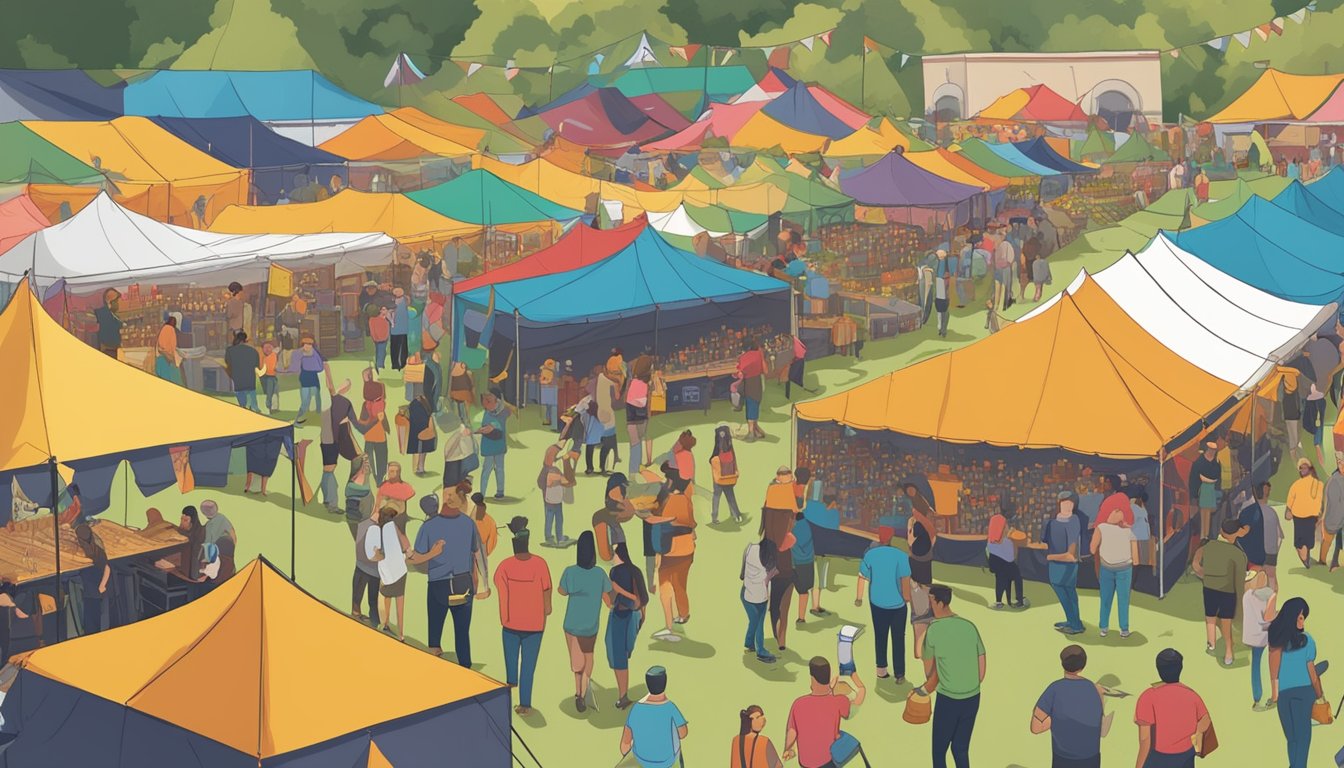 A bustling craft beer festival in Santa Clara County, with rows of colorful tents, live music, and people enjoying tastings