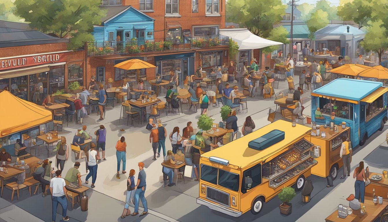 A bustling brewpub with a variety of local craft beers on tap, surrounded by vibrant food trucks and lively outdoor seating