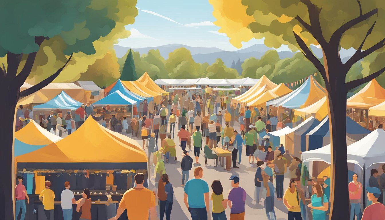 A bustling craft beer festival with colorful tents, live music, and enthusiastic patrons sampling local brews in sunny Santa Clara, CA