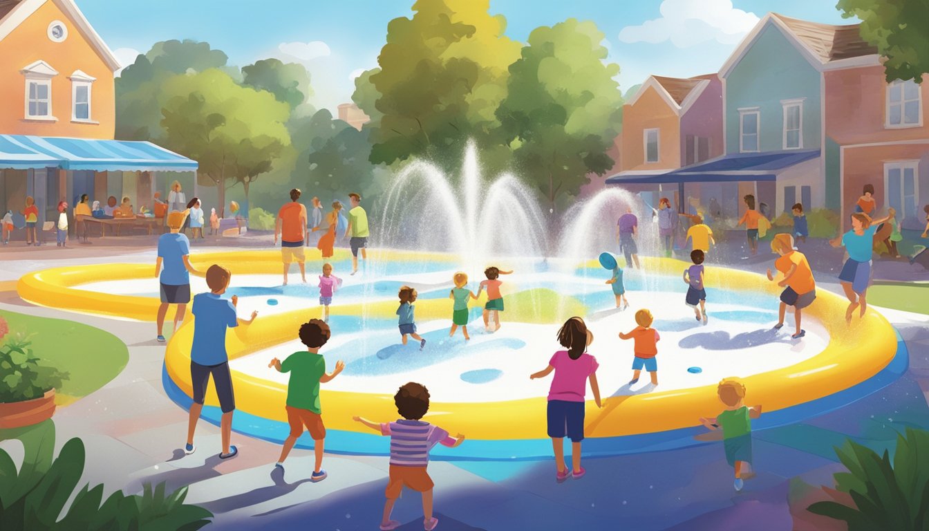 Children playing in a colorful, inflatable splash pad with water spraying from various nozzles while parents watch from nearby