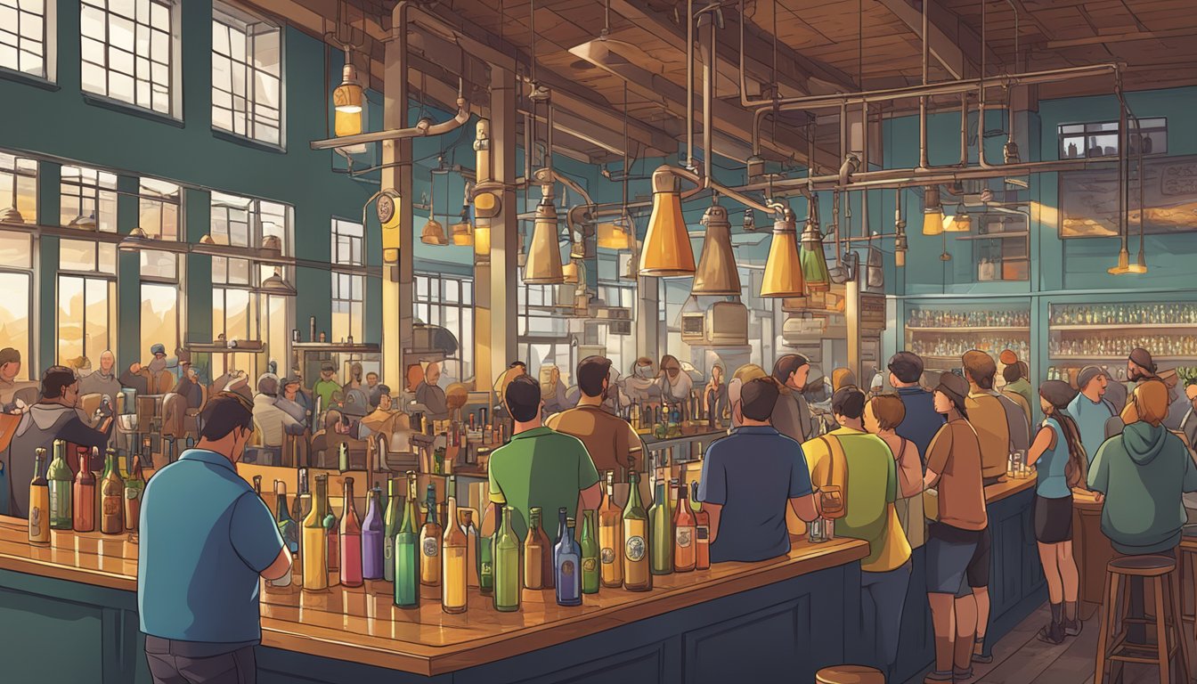 A bustling brewery scene with colorful craft beer taps and patrons sampling various brews