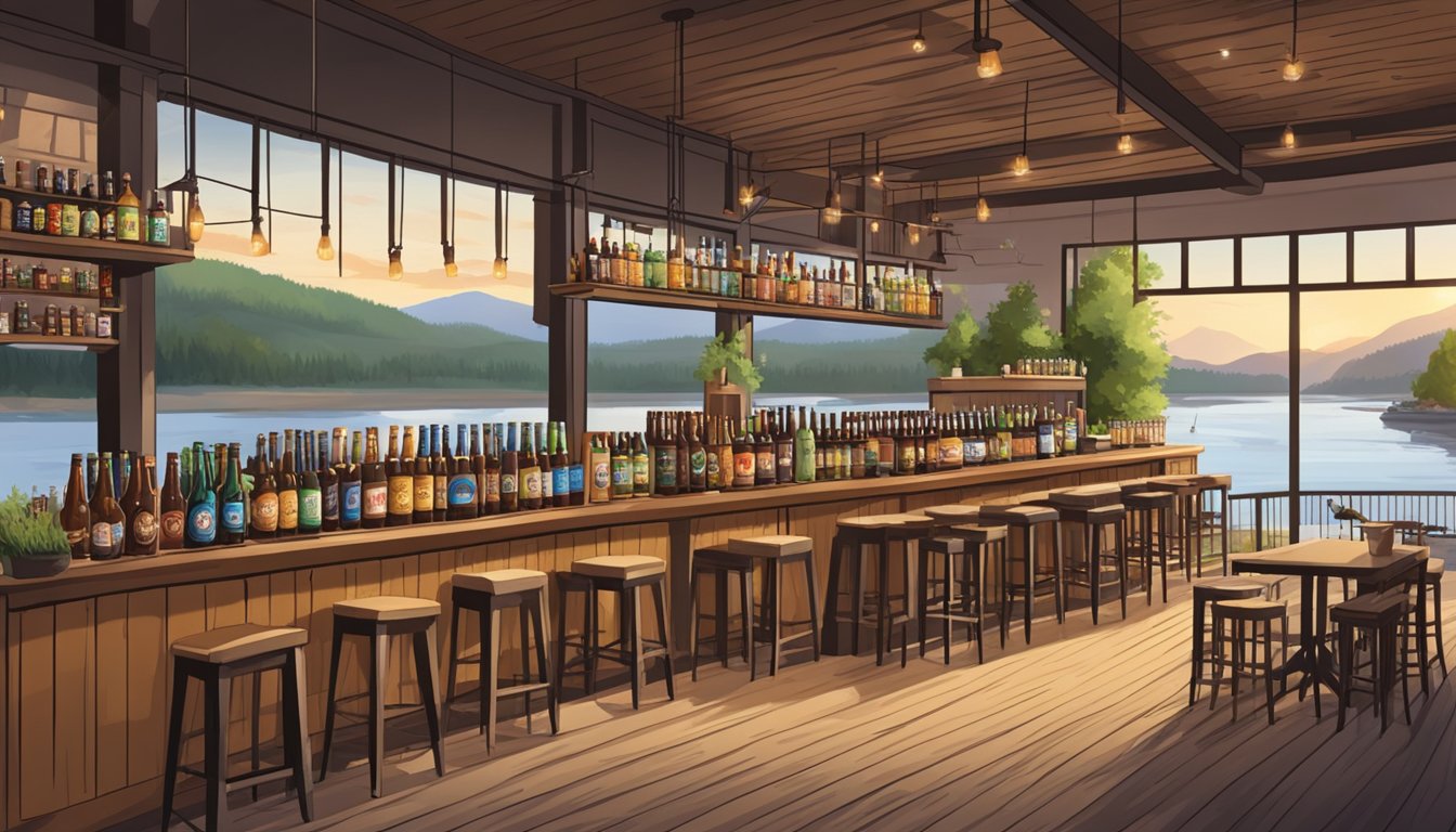 A bustling riverside craft beer outlet with shelves of specialty brews, a cozy tasting area, and a scenic view of the river