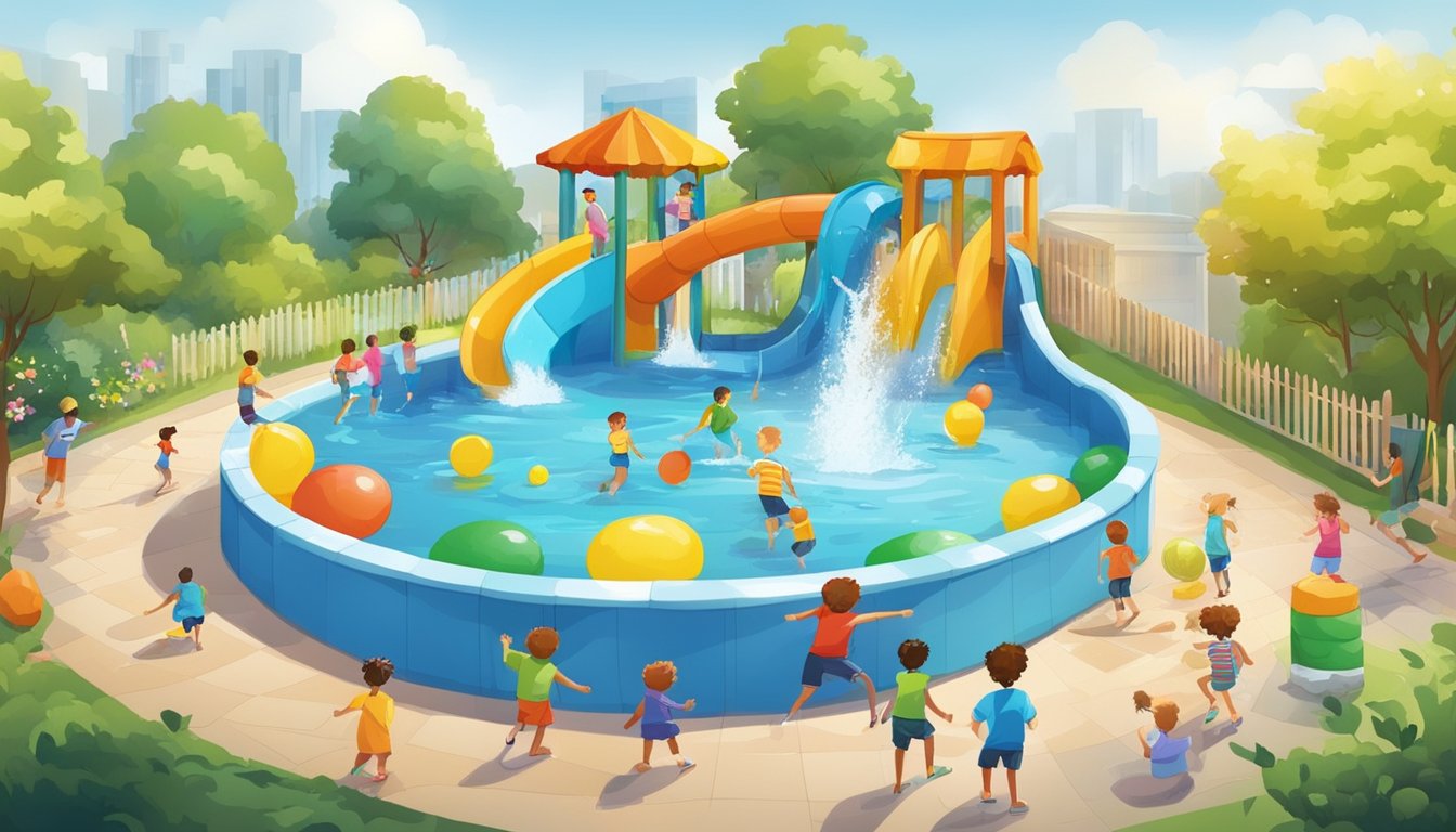 A colorful splash pool with slide and water features, surrounded by happy children playing and splashing in the water