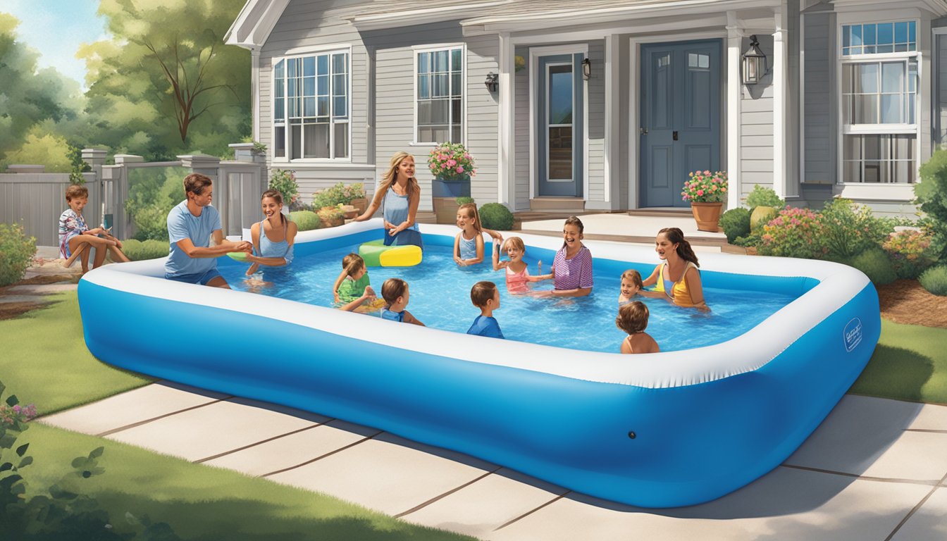 A family enjoying a sunny day in their backyard, with a large Costco inflatable pool set up and prominent advertising materials nearby