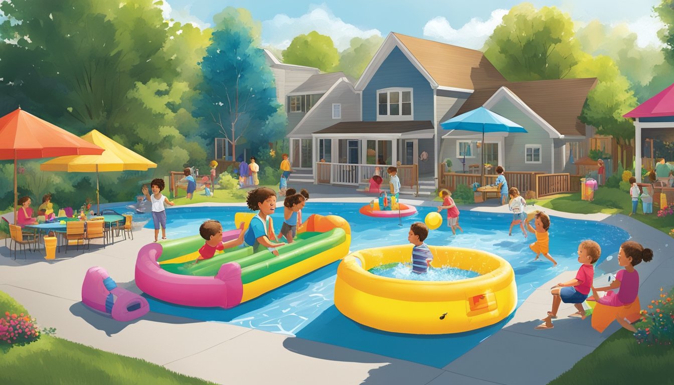 Children playing in a backyard with a large inflatable pool, water slide, and sprinklers, surrounded by colorful outdoor seating and umbrellas