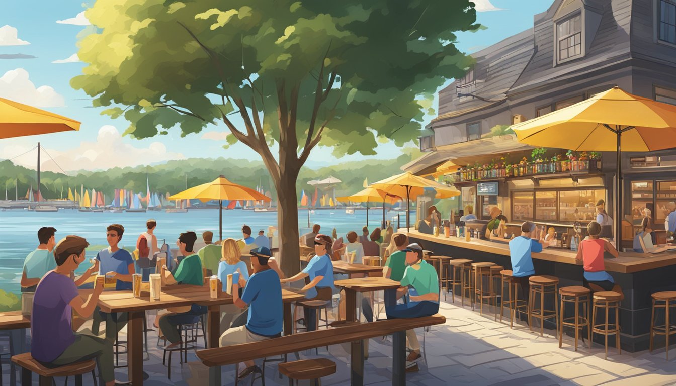 A bustling riverside beer garden with colorful umbrellas and tables overlooking the water. A variety of local craft beer taps line the bar