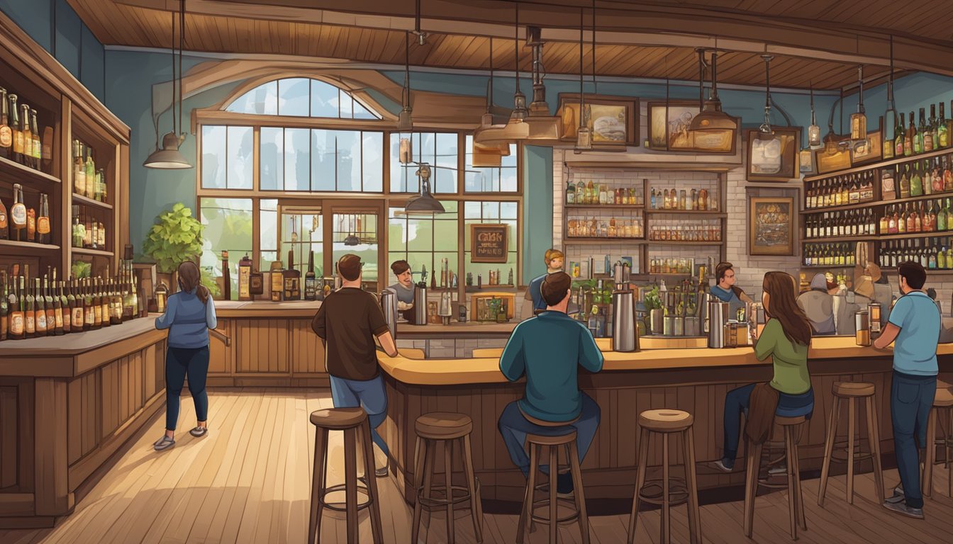 A riverside brewery with a variety of craft beer styles displayed on shelves, with customers sampling and enjoying the drinks in a lively atmosphere