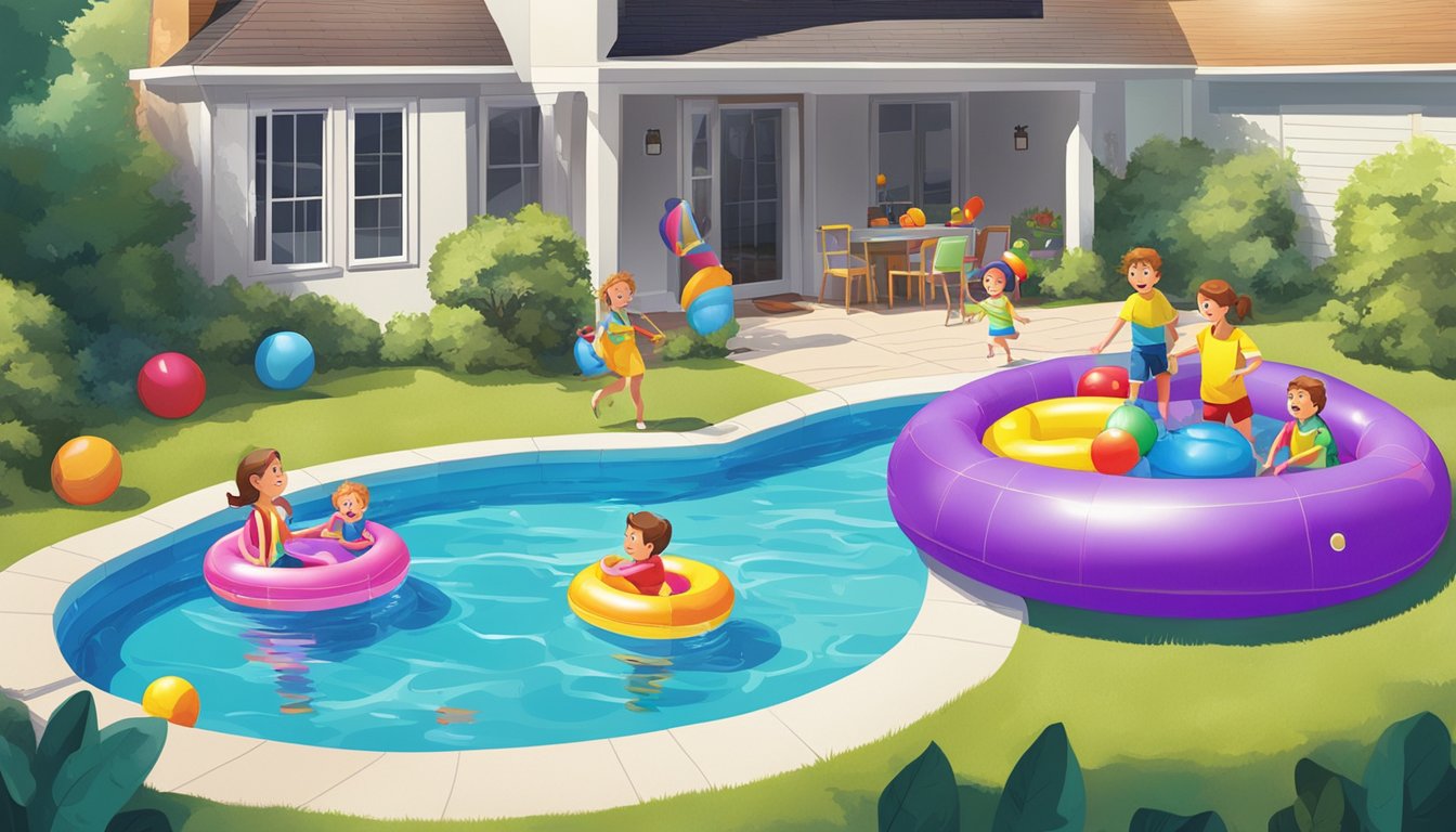 A family playing in a backyard pool with colorful water toys and inflatables on a sunny day