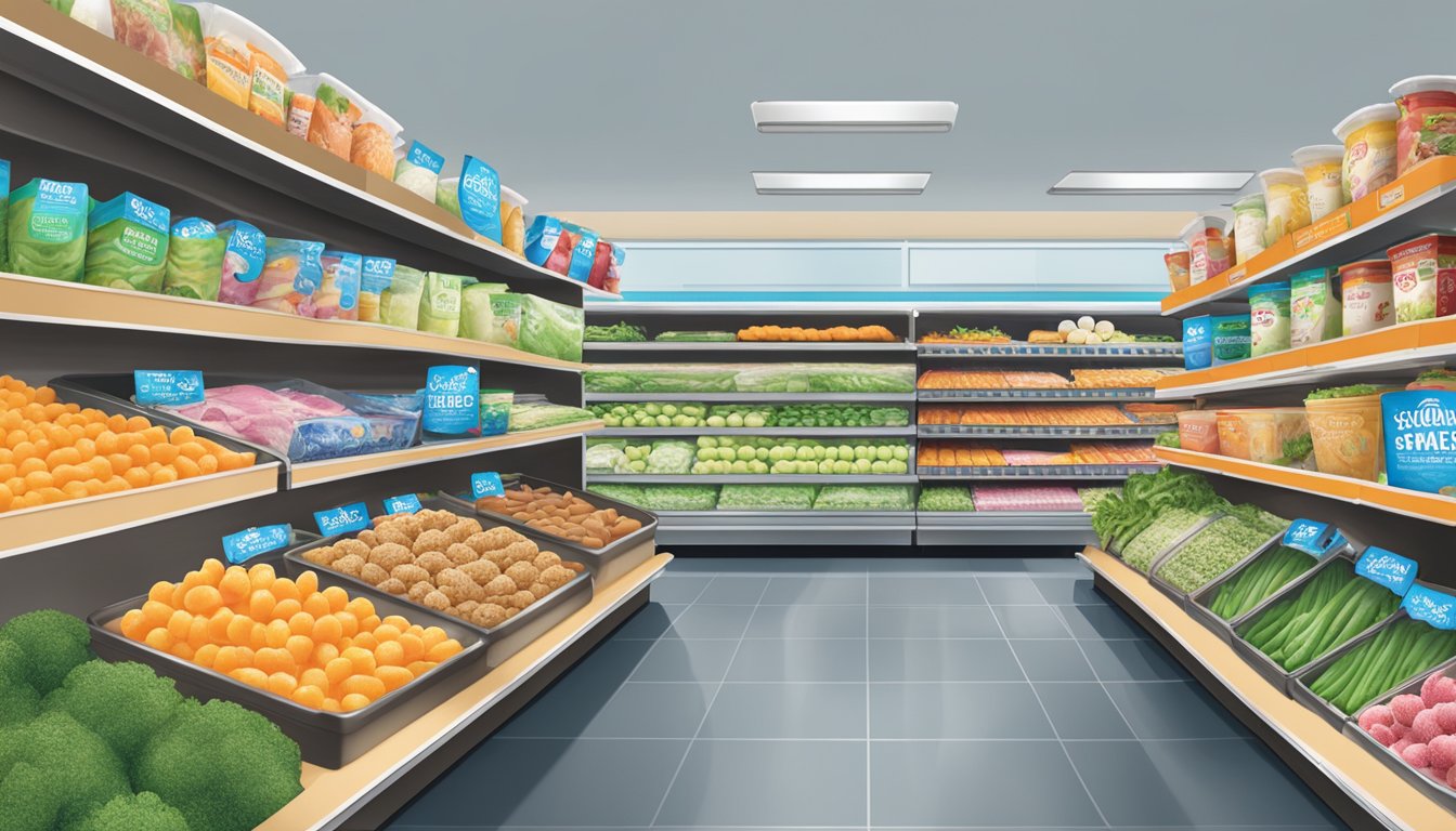 Aisle filled with Save Mart's frozen products, including ice cream, frozen vegetables, and pre-made meals