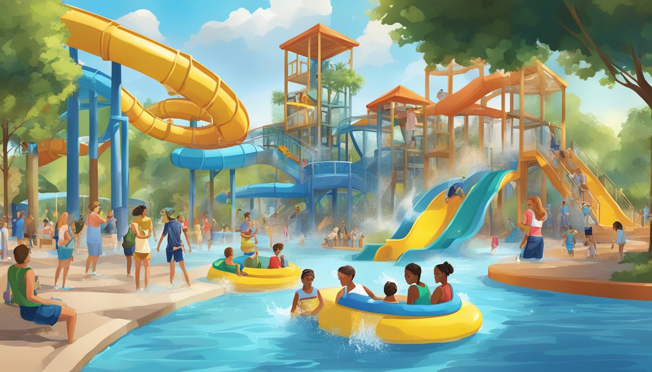 A diverse group of people enjoying a water park with accessible features, vibrant colors, and interactive elements