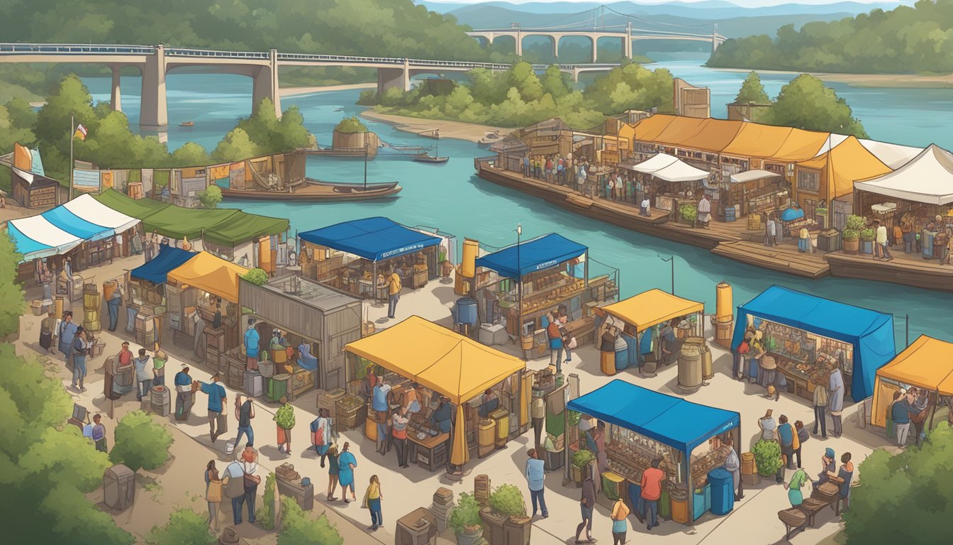 A bustling riverside craft beer festival with local breweries showcasing their unique brews, surrounded by vibrant community and cultural activities