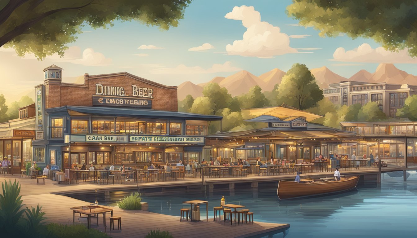 A riverside scene with various dining and entertainment venues, featuring local craft beer