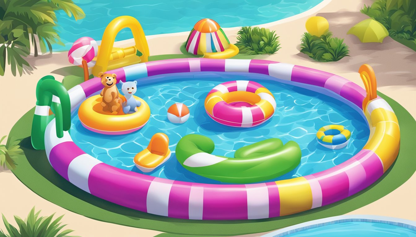 A colorful display of various kiddie pools and inflatables arranged in a playful and inviting manner